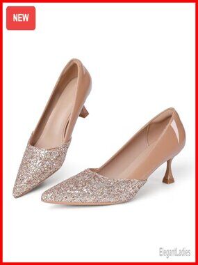 Kitten High Heels 2 Inch Sequin Pointed Toe Faux Leather Pumps Comfortable Slip